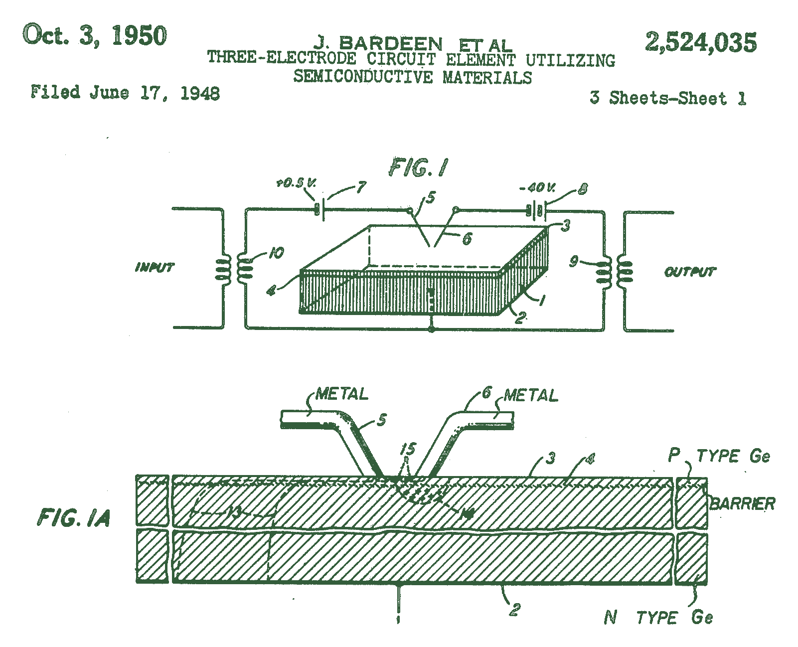 The first sheet of drawings from the transistor patent