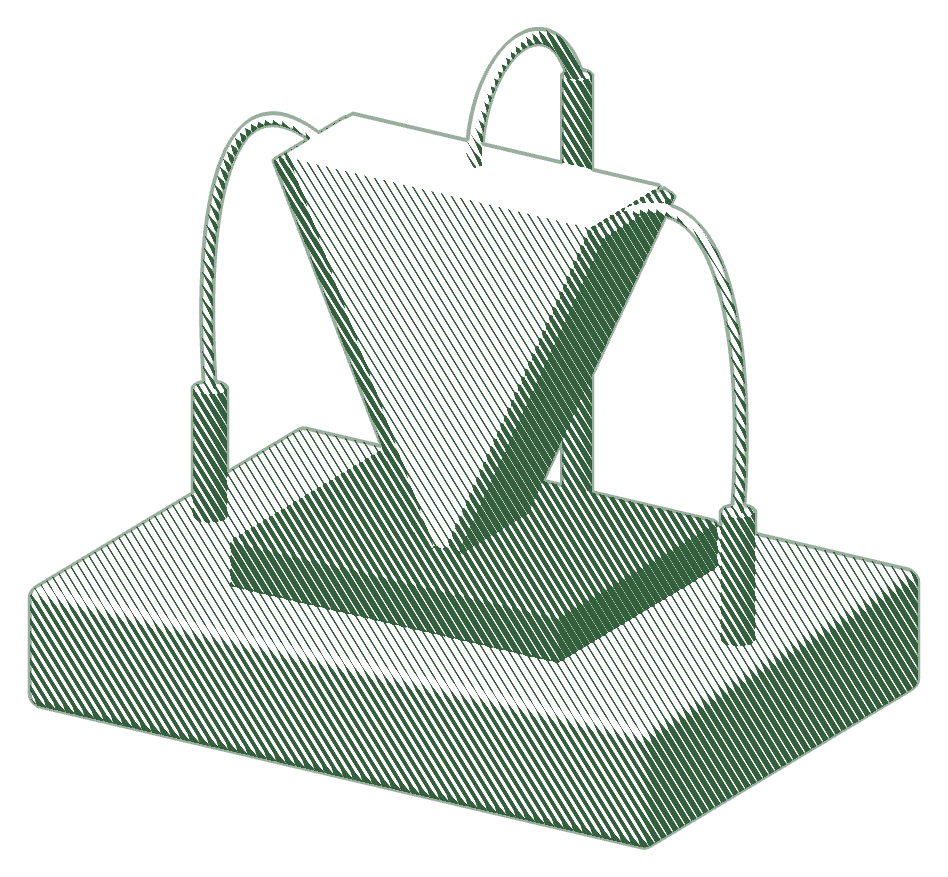 An engraving of the first transistor: a plastic wedge edged in gold foil, pressed onto germanium